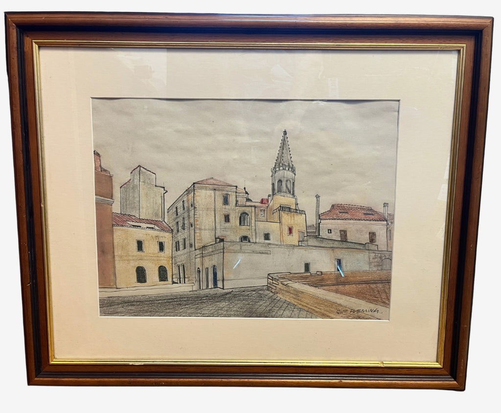 Vintage Rip Fleming Signed Architectural Drawing Framed Artwork 71x58cm