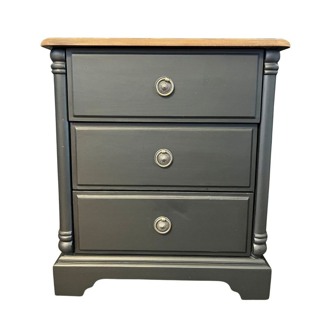 Refinished Black Bedside Tables Pair Vintage Nightstands Wood Top 3 Drawer Cabin