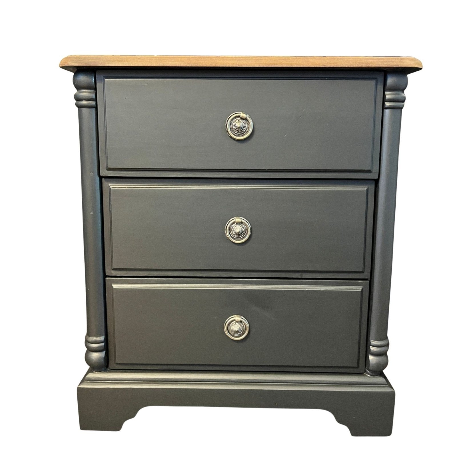 Refinished Black Bedside Tables Pair Vintage Nightstands Wood Top 3 Drawer Cabin
