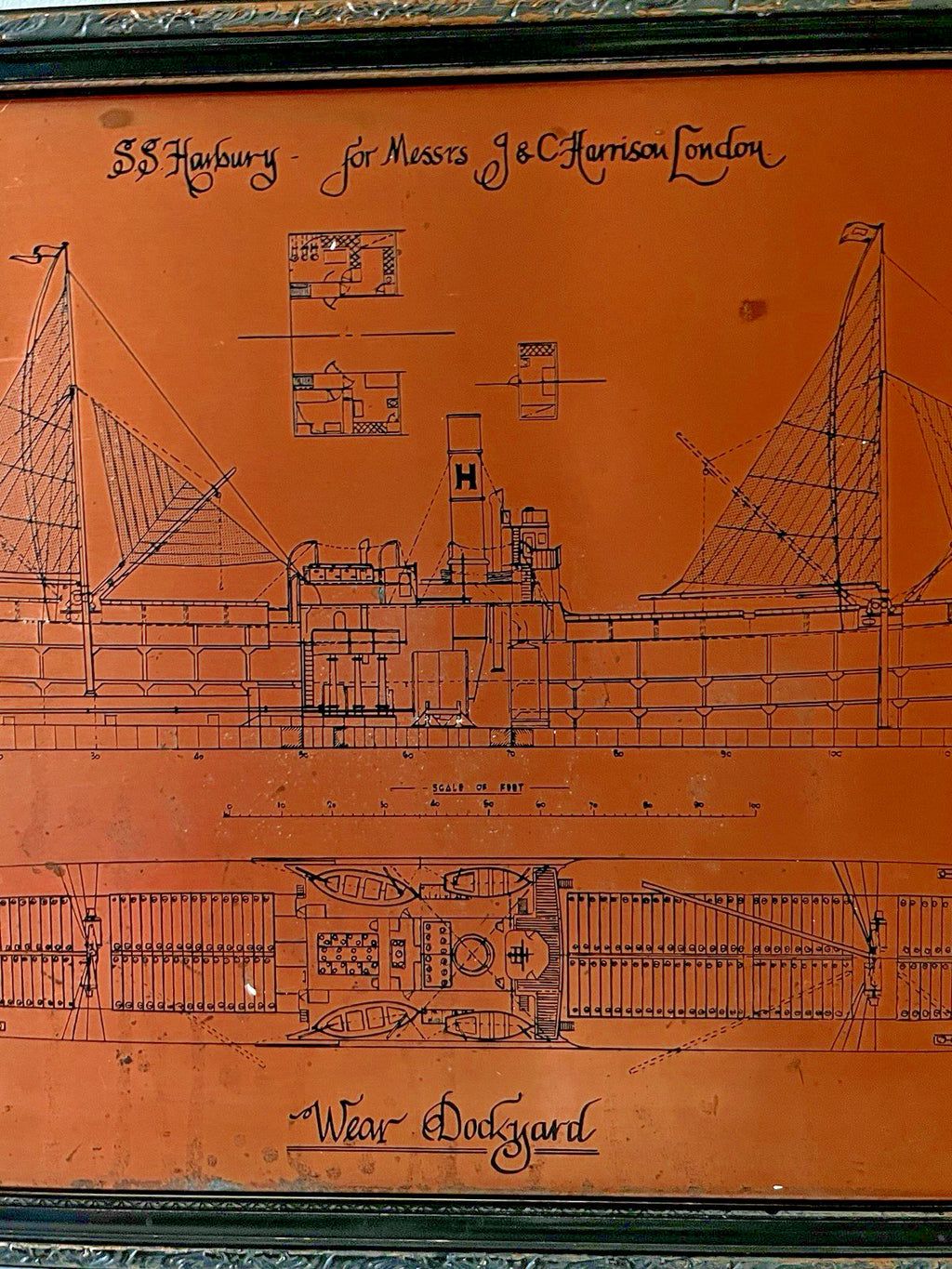 Antique Copper Engraving Ship Plan “S.S. Harbury” Wear Dockyard 1895