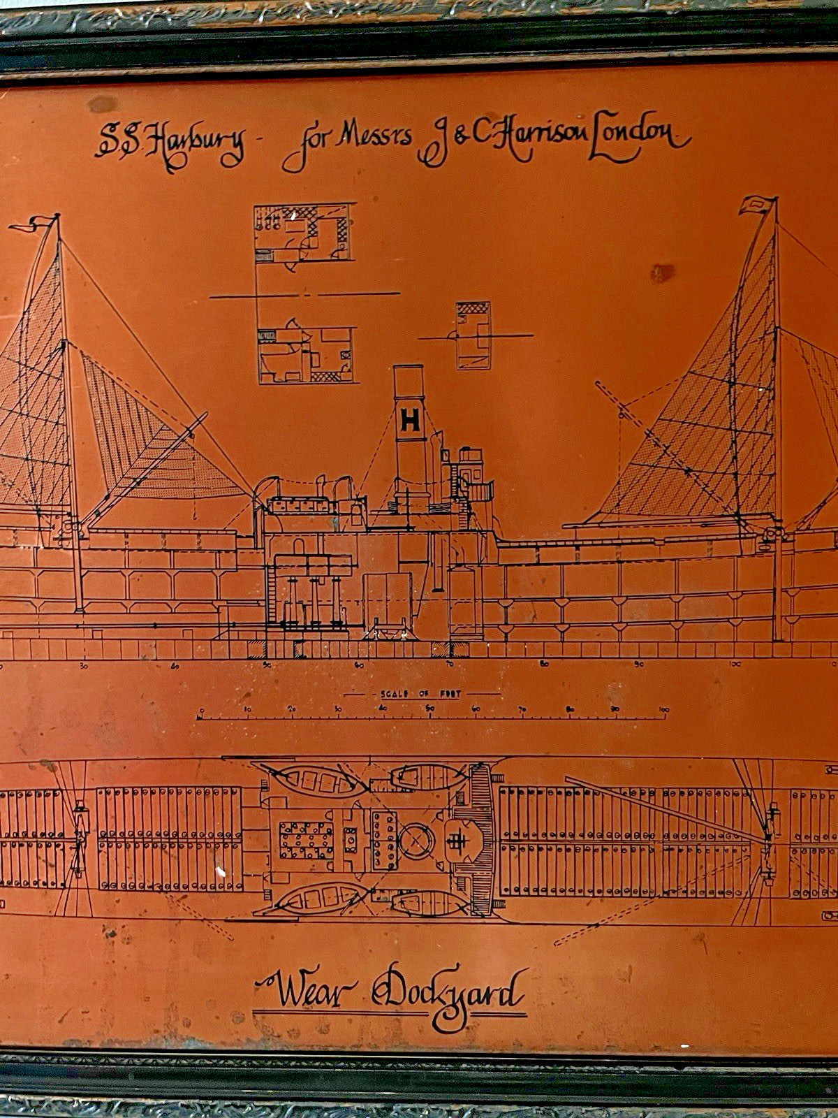 Antique Copper Engraving Ship Plan “S.S. Harbury” Wear Dockyard 1895