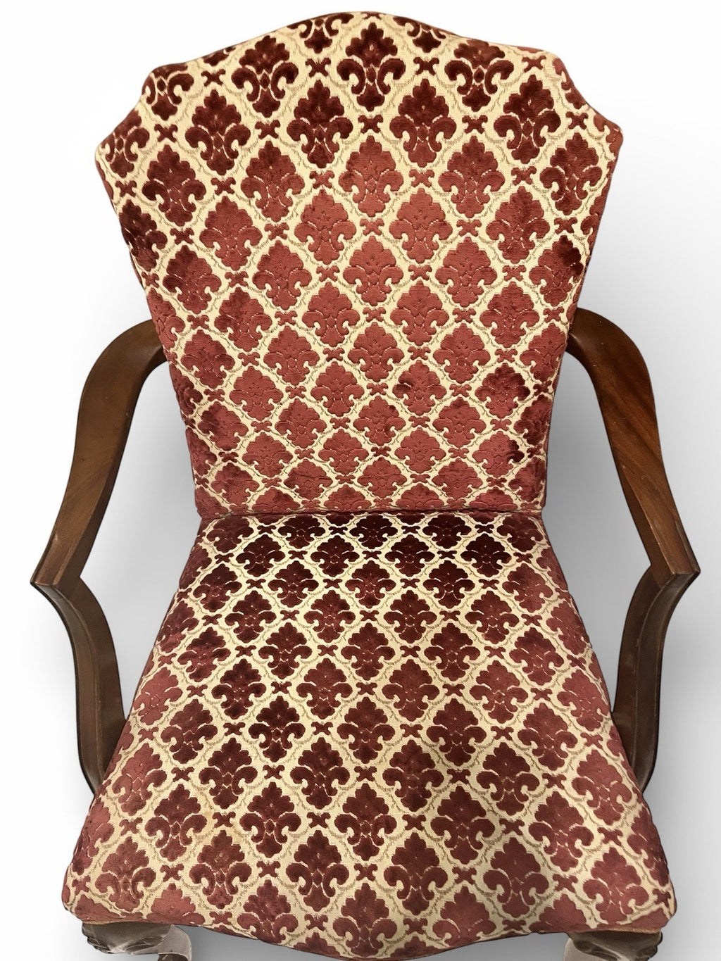 Antique Upholstered Armchair 93cm High 57cm Wide Red Pattern Fabric Wooden Frame