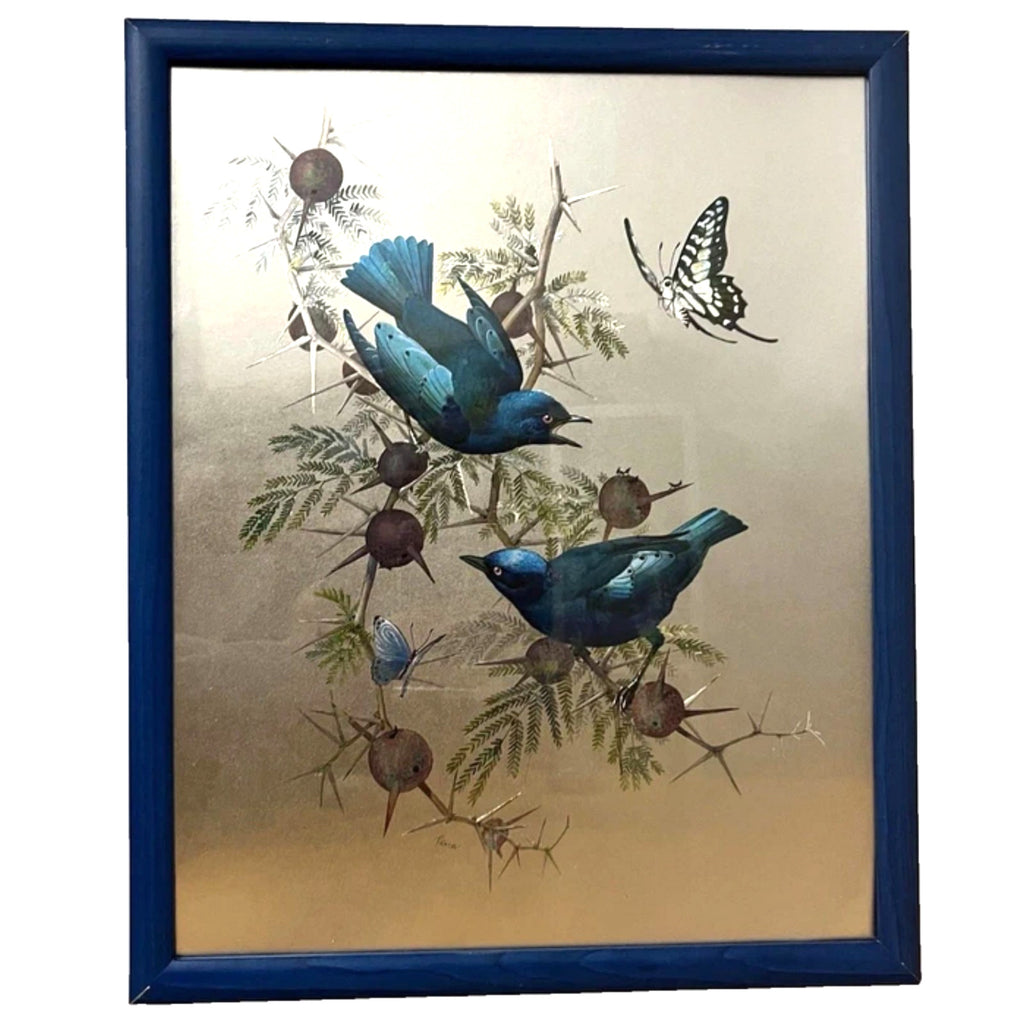 Vintage Dufex Foil Art Birds Framed 44×55cm Nature Wall Hanging Rena Fennessy