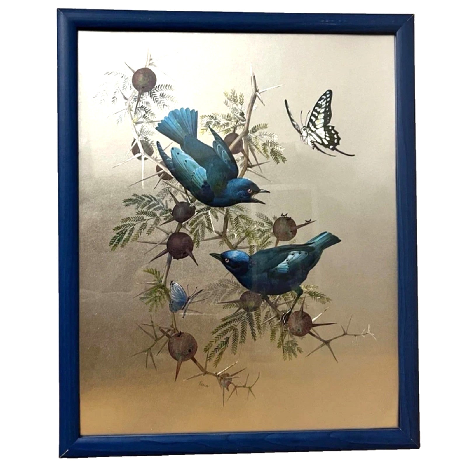 Vintage Dufex Foil Art Birds Framed 44×55cm Nature Wall Hanging Rena Fennessy
