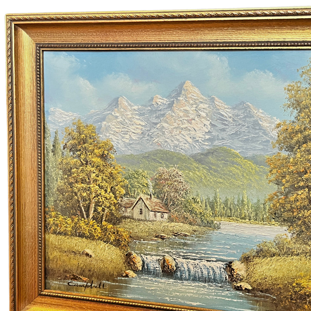 Vintage Oil Painting Mountain Landscape Signed Campbell Gold Gilt Frame 47x37cm