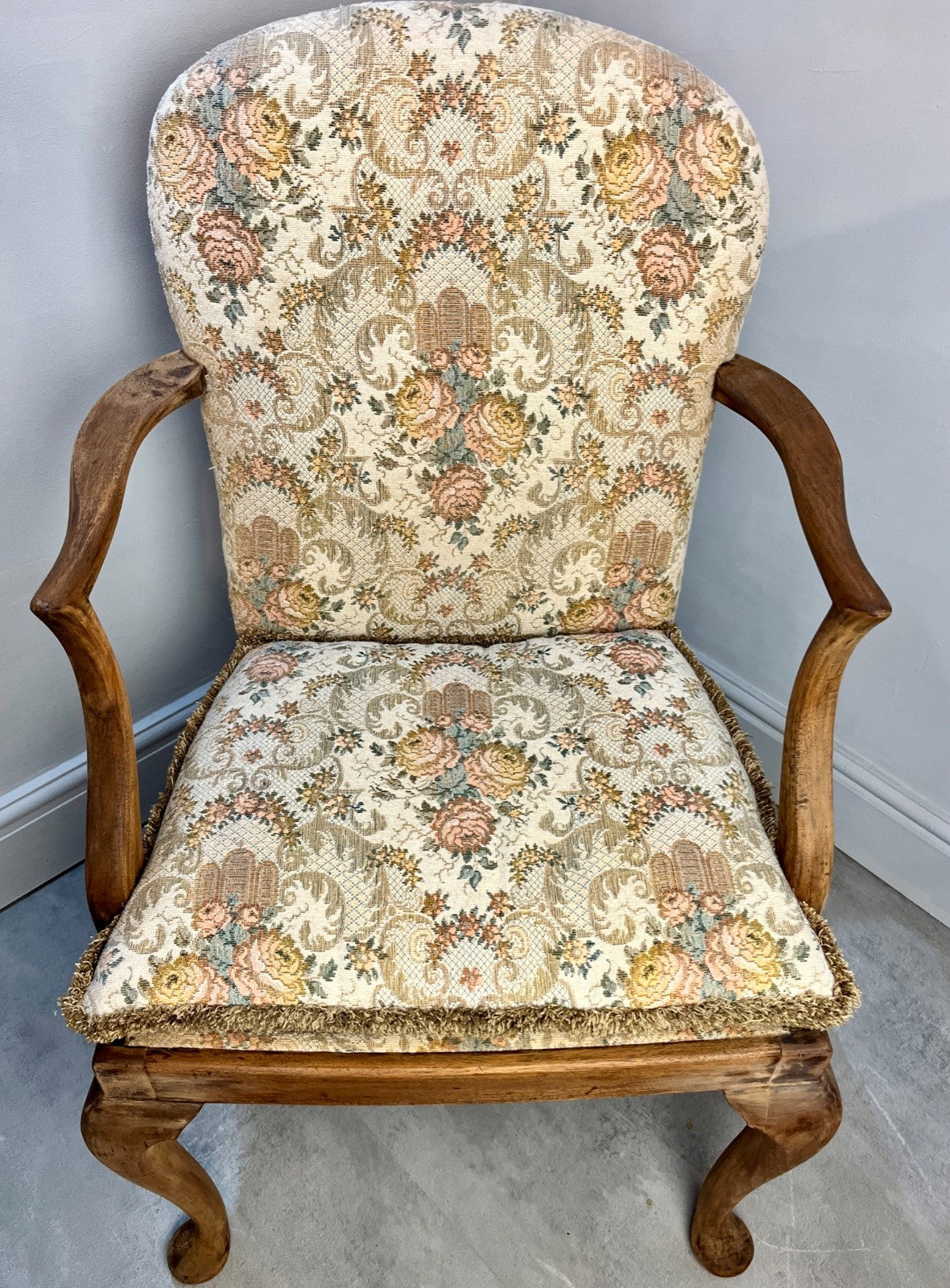 Vintage Parker Knoll Armchair – Tapestry Seat Stripped Bedroom or Hall Chair