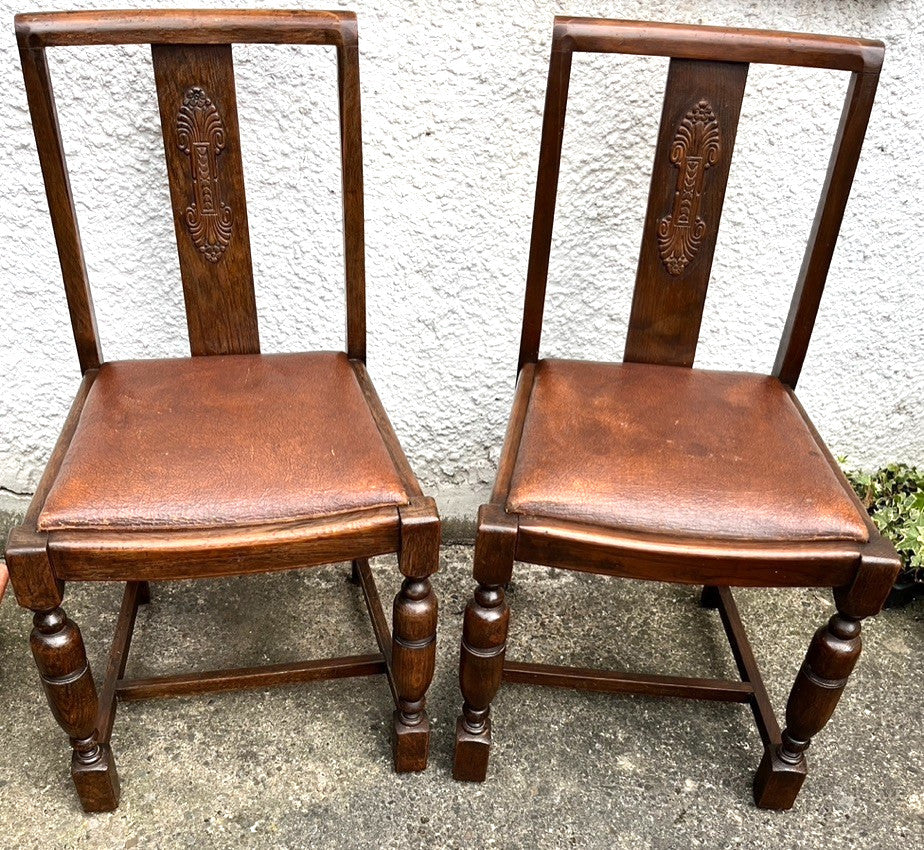 Pair Vintage Oak Dining Chairs Tudor Jacobean Farmhouse Carved Wooden Chairs
