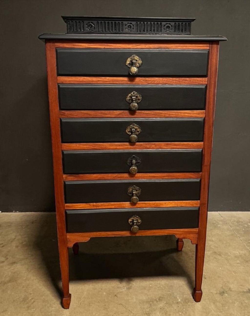 Antique Style 6 Drawer Chest Tallboy Cabinet Black/Wood Jewellery Storage 102cm