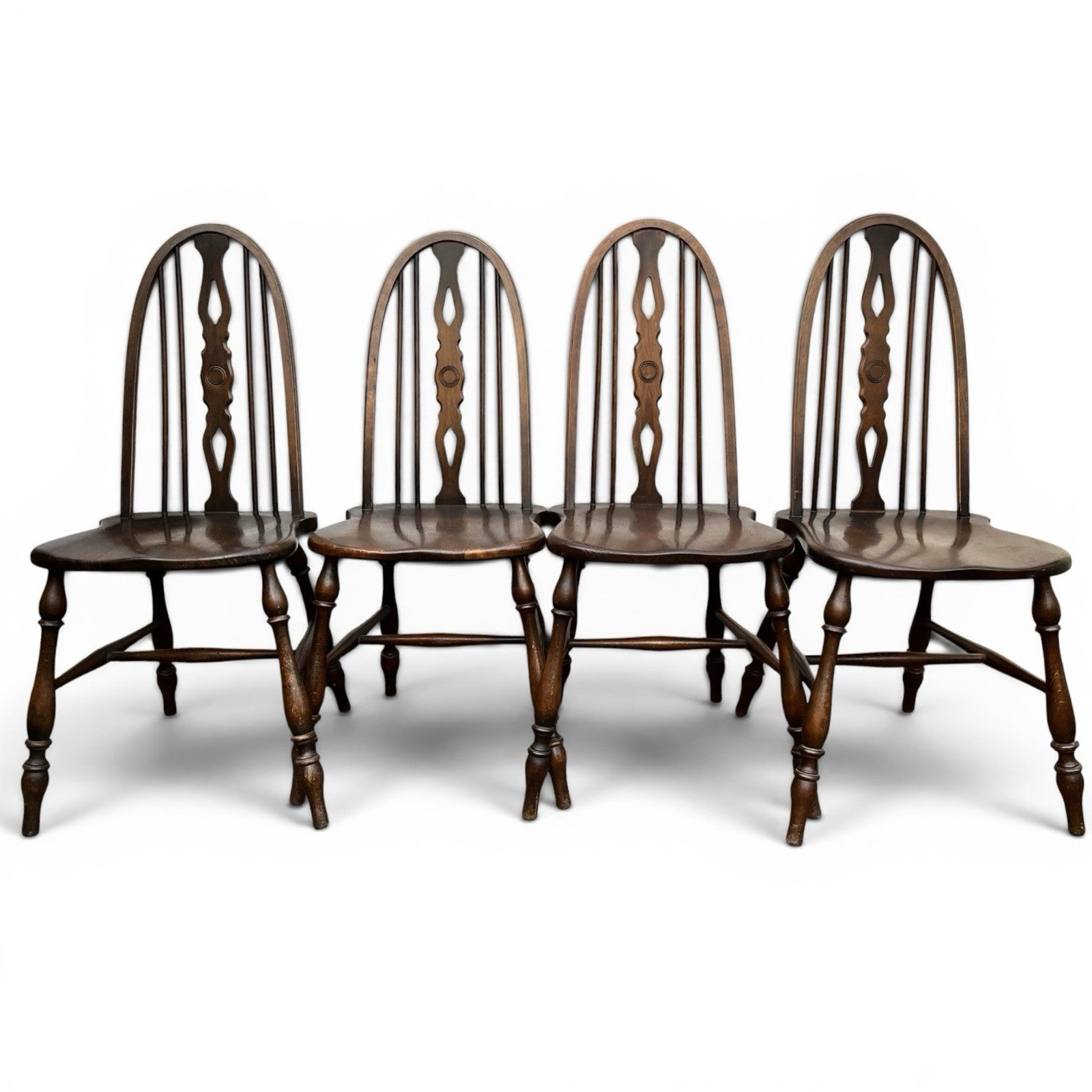 Vintage Set of Four Dark Oak Wheel Back Chairs