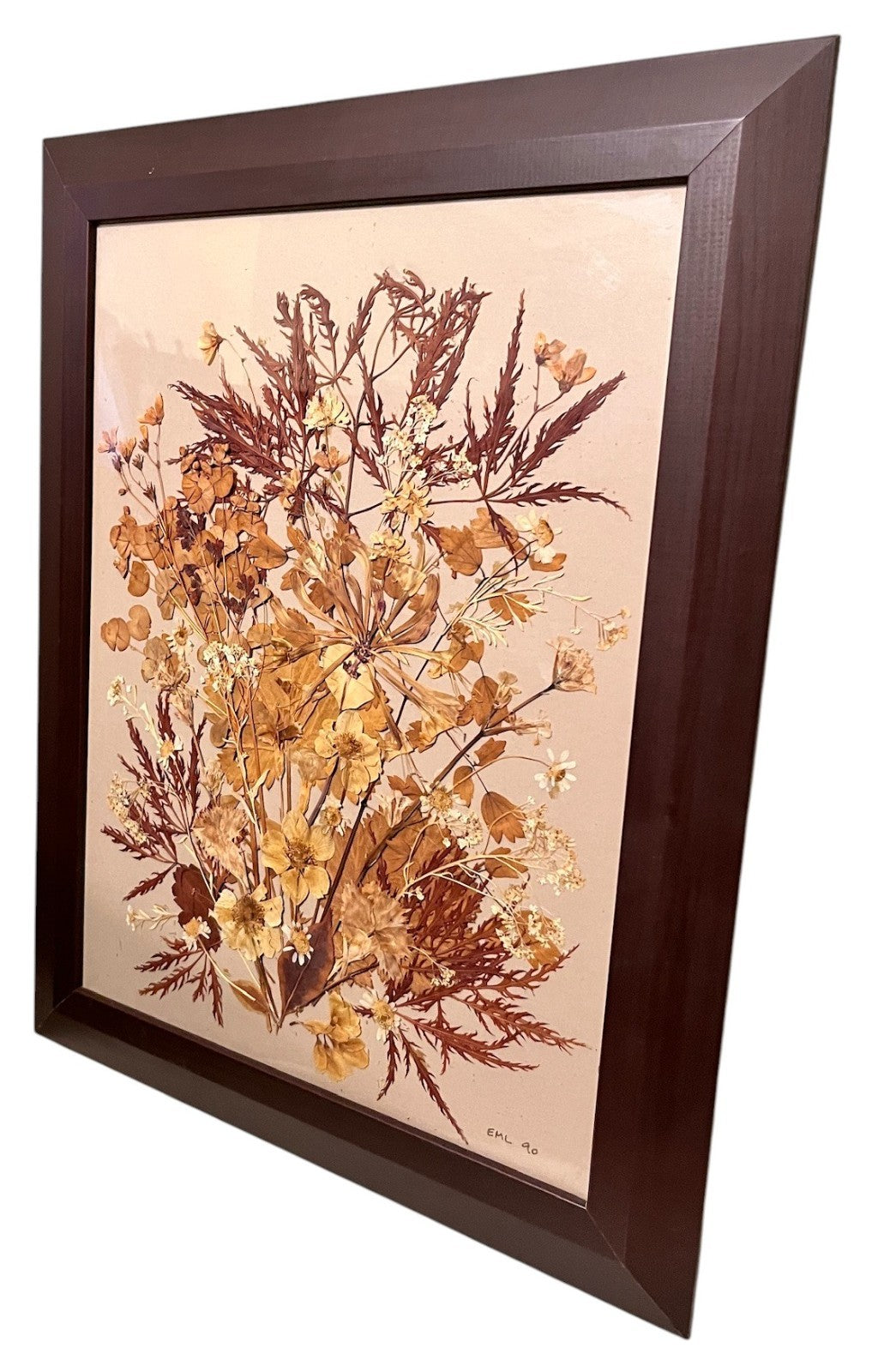 Vintage Pressed Flower Art – Signed EML 1990 – Framed Botanical Wall Art 37x48cm