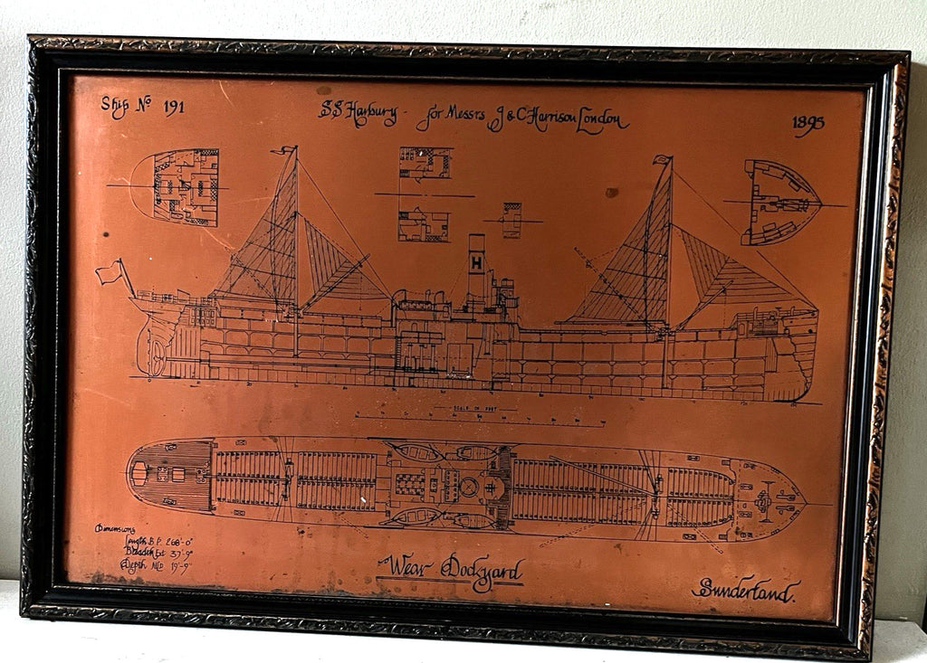 Antique Copper Engraving Ship Plan “S.S. Harbury” Wear Dockyard 1895