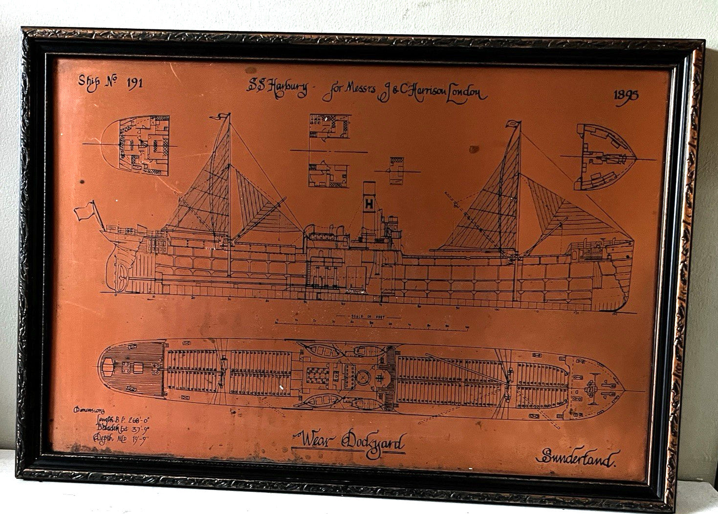 Antique Copper Engraving Ship Plan “S.S. Harbury” Wear Dockyard 1895