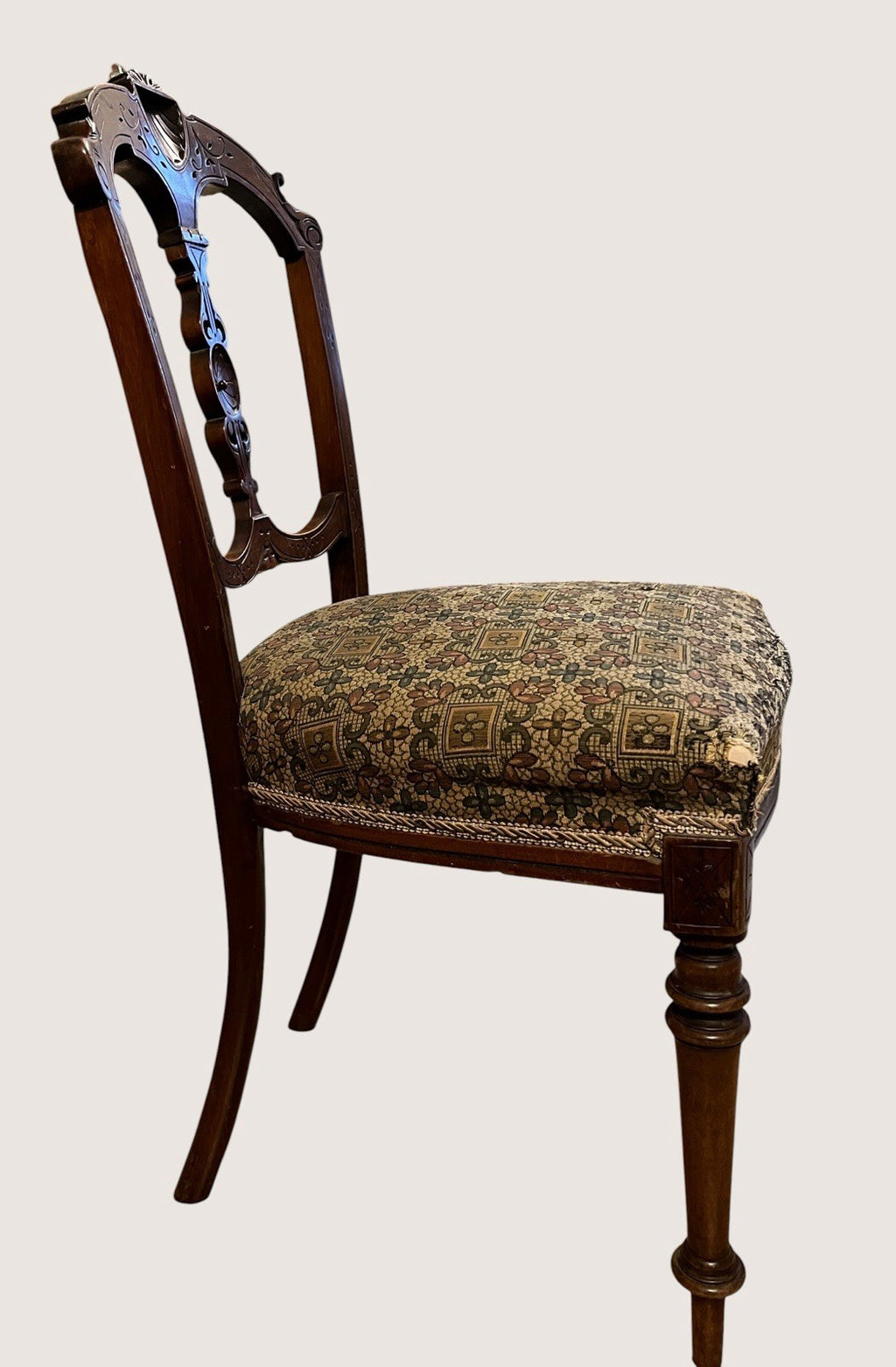 Antique Edwardian Carved Wooden Dining Chair – Upholstered Seat Side Chair