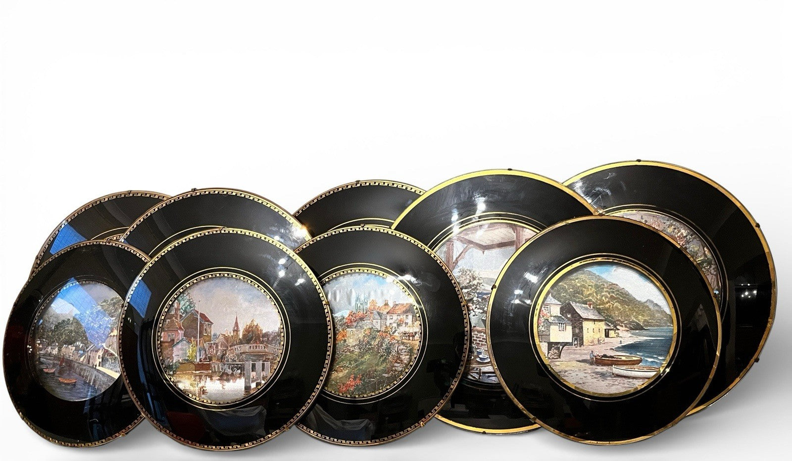 Vintage Set of 9 Wall Plaques Black Gold Nature & Coastal Village Scenes Round