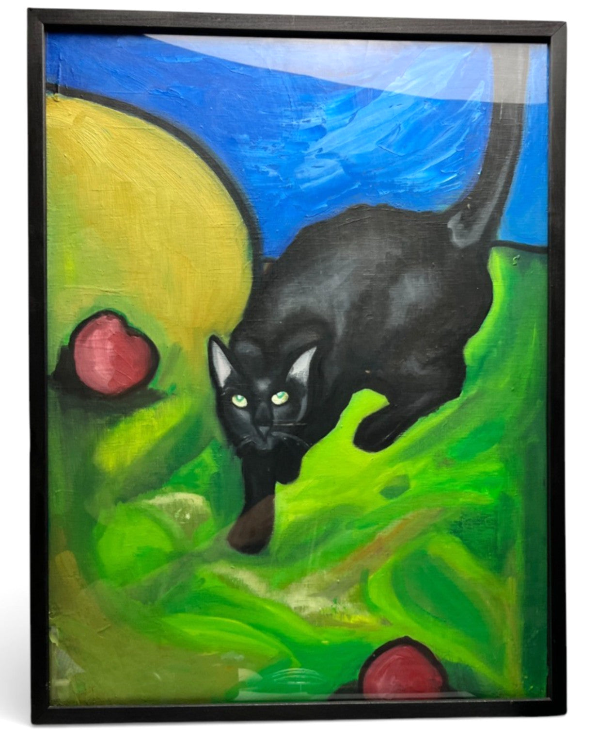 Original Black Cat Acrylic Painting Framed 62x48cm Vintage Art VGC