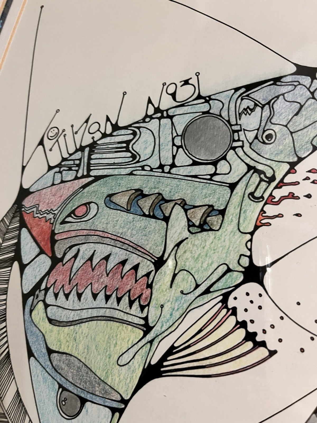 Framed Abstract Drawing Signed Tuzan N93 Colourful Surreal Art Design | 71x58cm