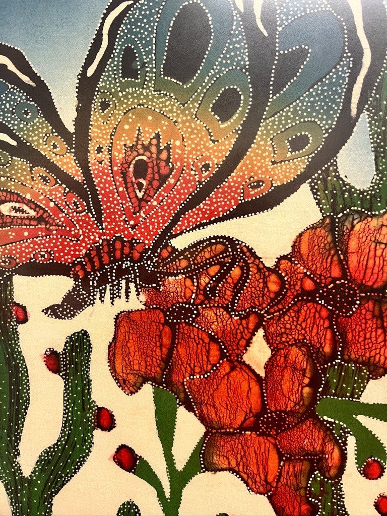 Framed Textile Wall Art Batik Butterflies Flowers 91cm Vintage Fabric Silk Art