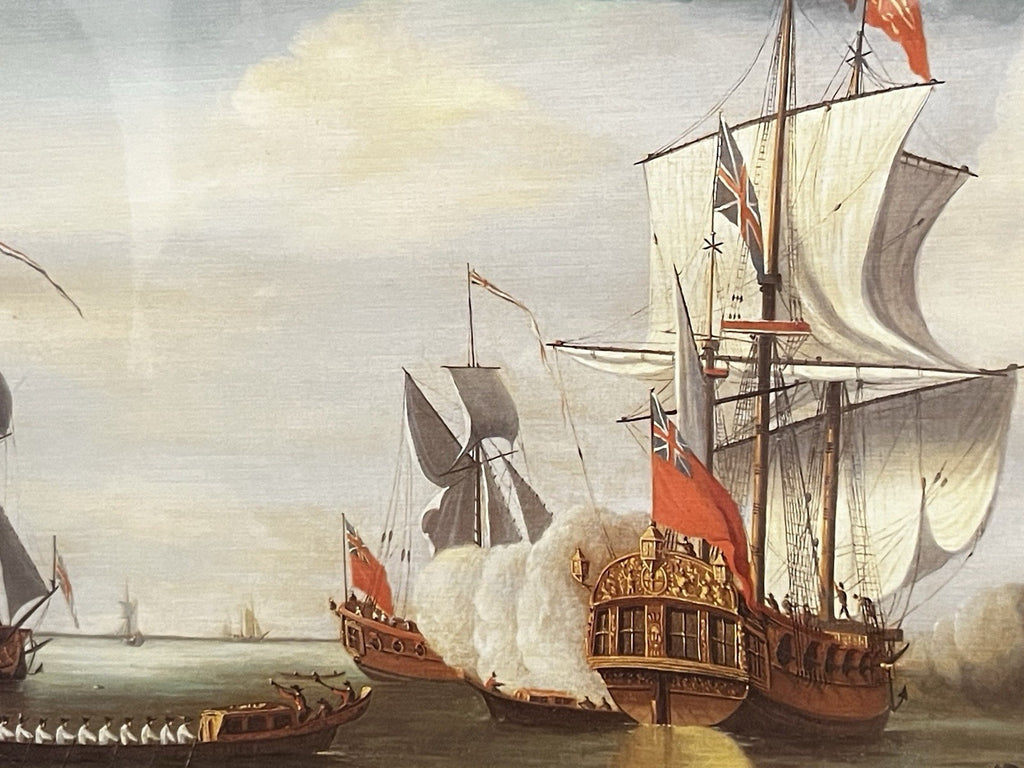 Vintage Maritime Battle Scene Print Framed Naval Ships 42x32cm Tall Ships