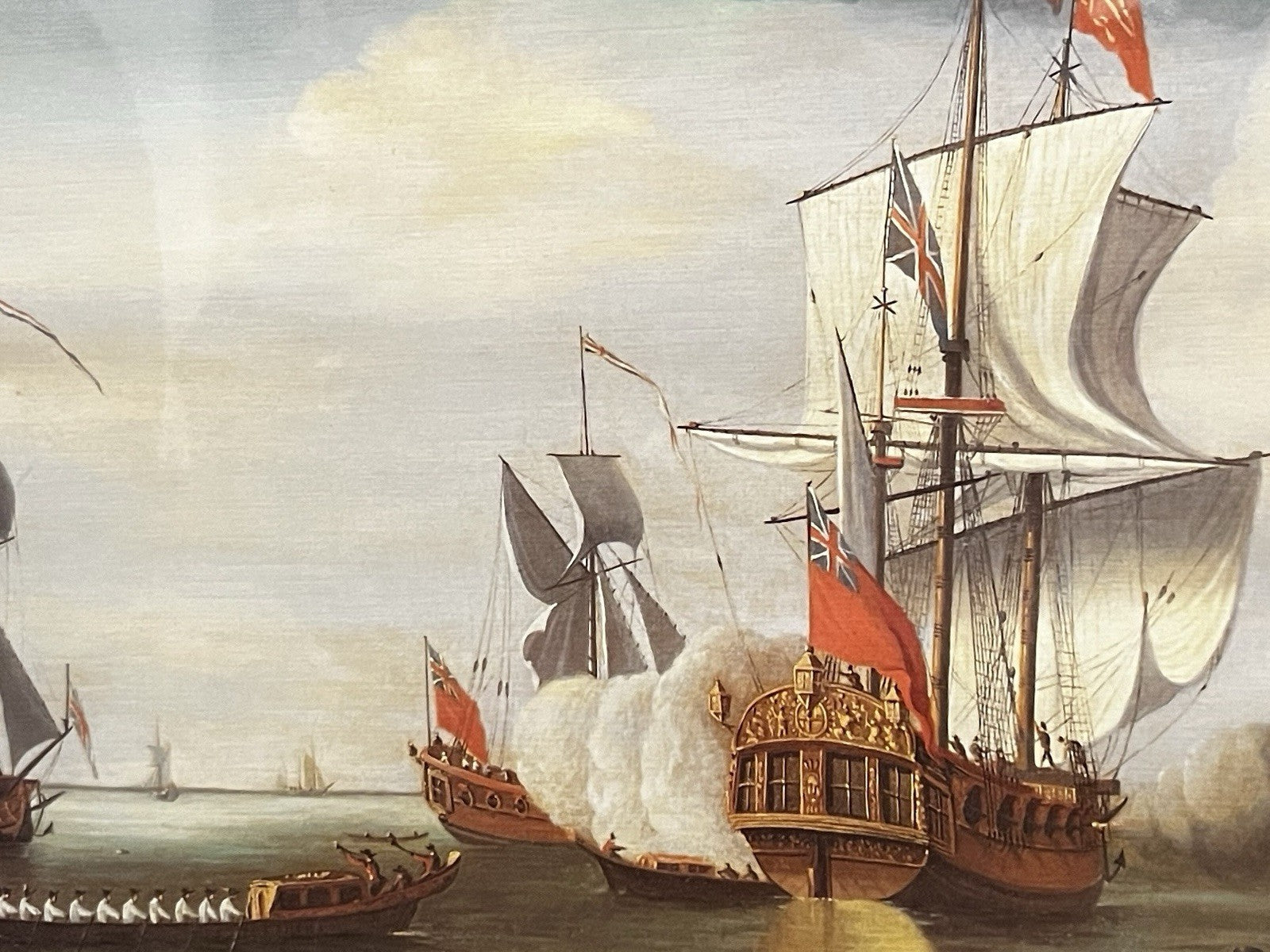 Vintage Maritime Battle Scene Print Framed Naval Ships 42x32cm Tall Ships