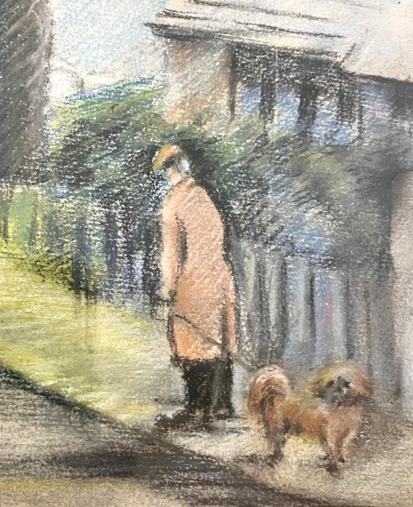 Vintage Signed Pastel Art by Elsie Bowyer – Framed Village Street Scene 60x49cm
