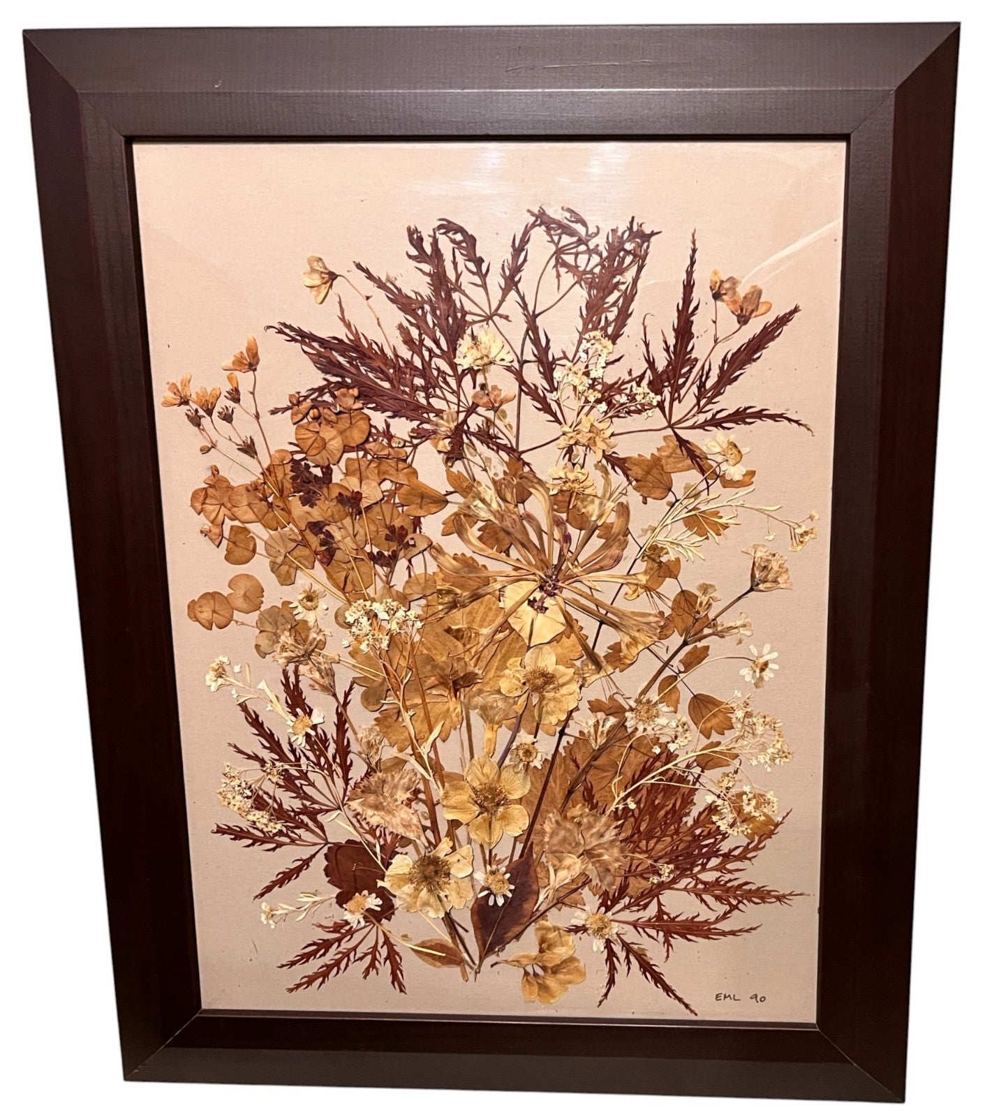 Vintage Pressed Flower Art – Signed EML 1990 – Framed Botanical Wall Art 37x48cm