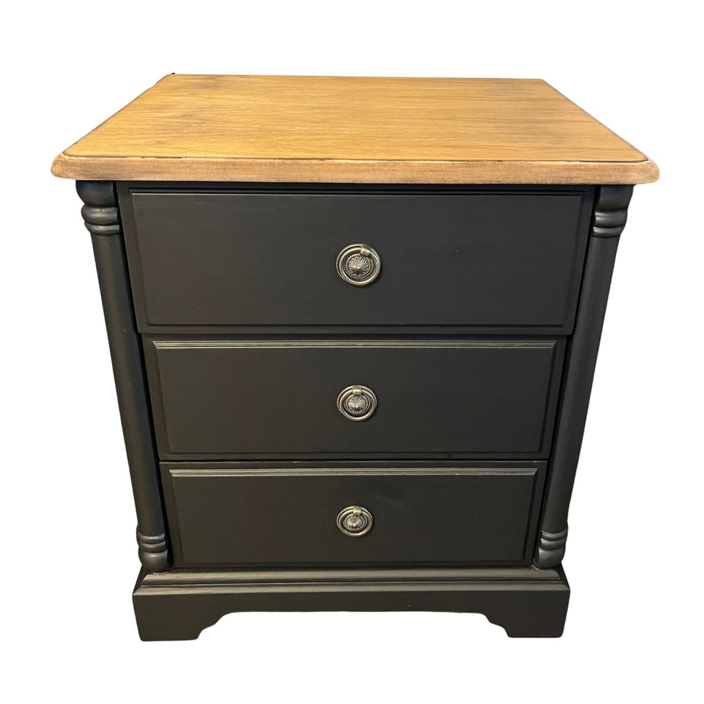 Refinished Black Bedside Tables Pair Vintage Nightstands Wood Top 3 Drawer Cabin
