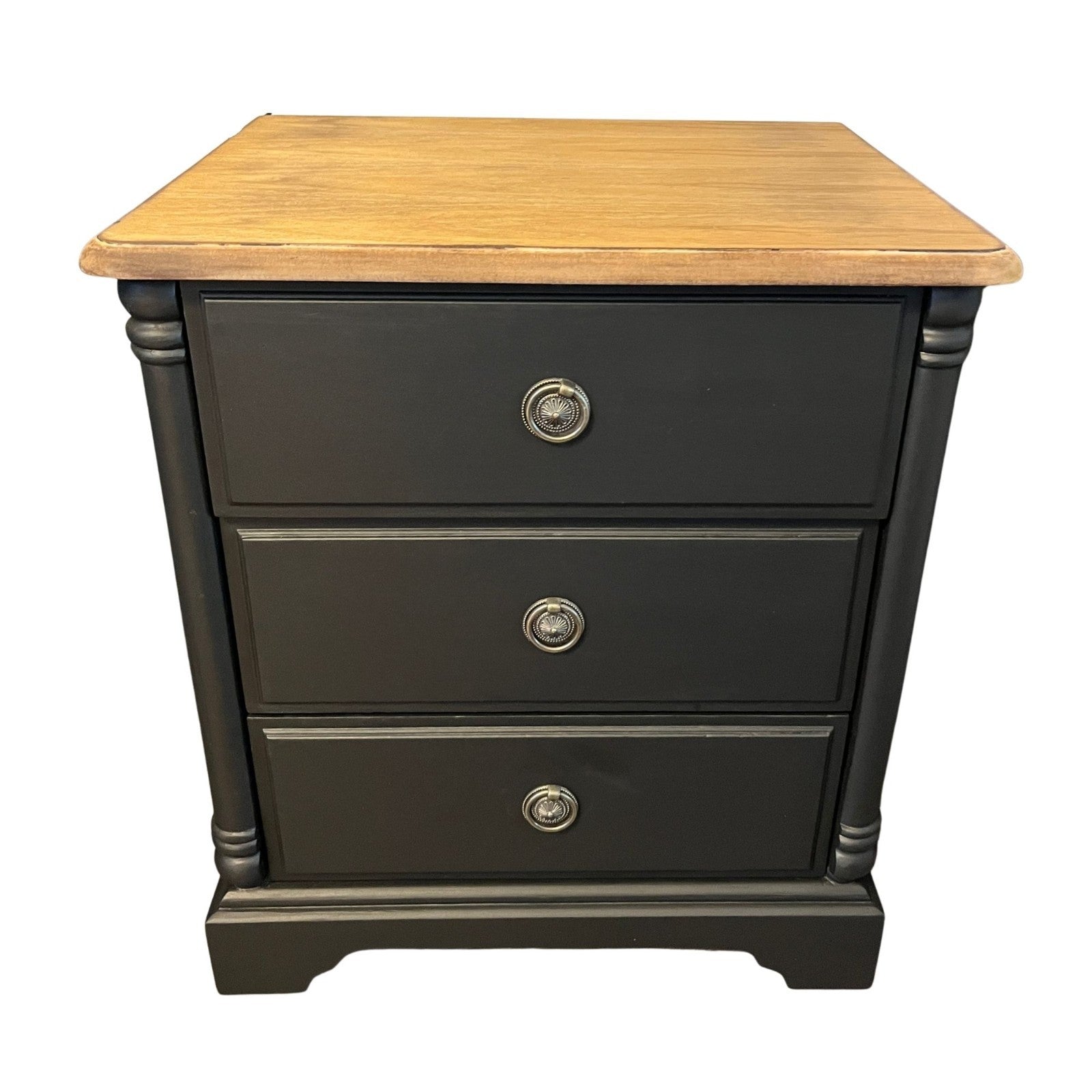 Refinished Black Bedside Tables Pair Vintage Nightstands Wood Top 3 Drawer Cabin