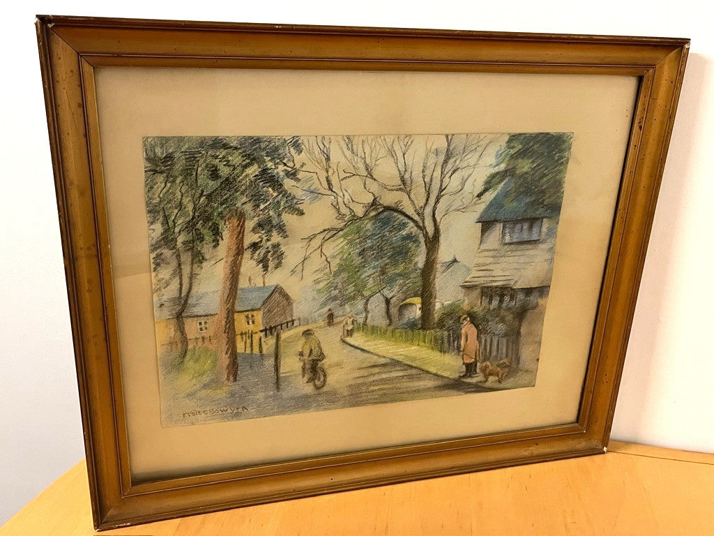 Vintage Signed Pastel Art by Elsie Bowyer – Framed Village Street Scene 60x49cm