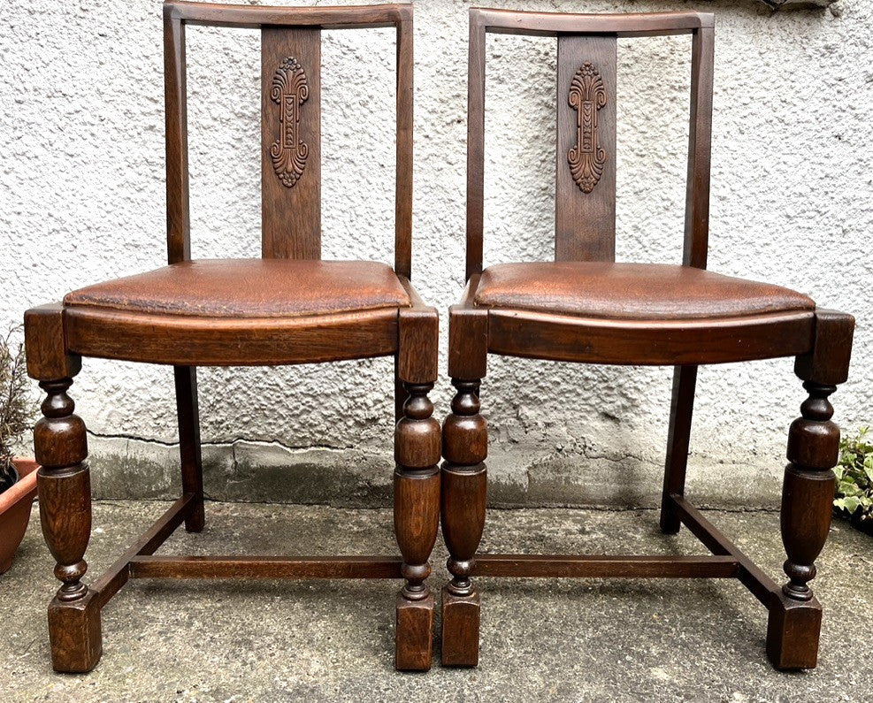 Pair Vintage Oak Dining Chairs Tudor Jacobean Farmhouse Carved Wooden Chairs
