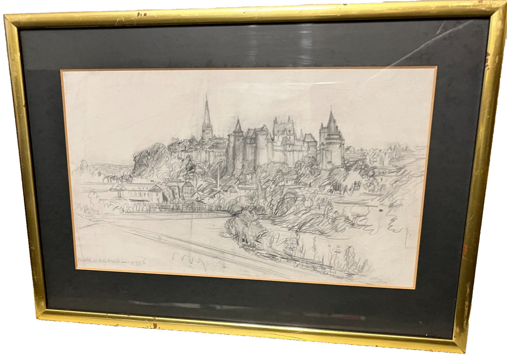 Framed Pencil Sketch By Frank L. Emanuel Drawing Vitré 44x31cm French Town