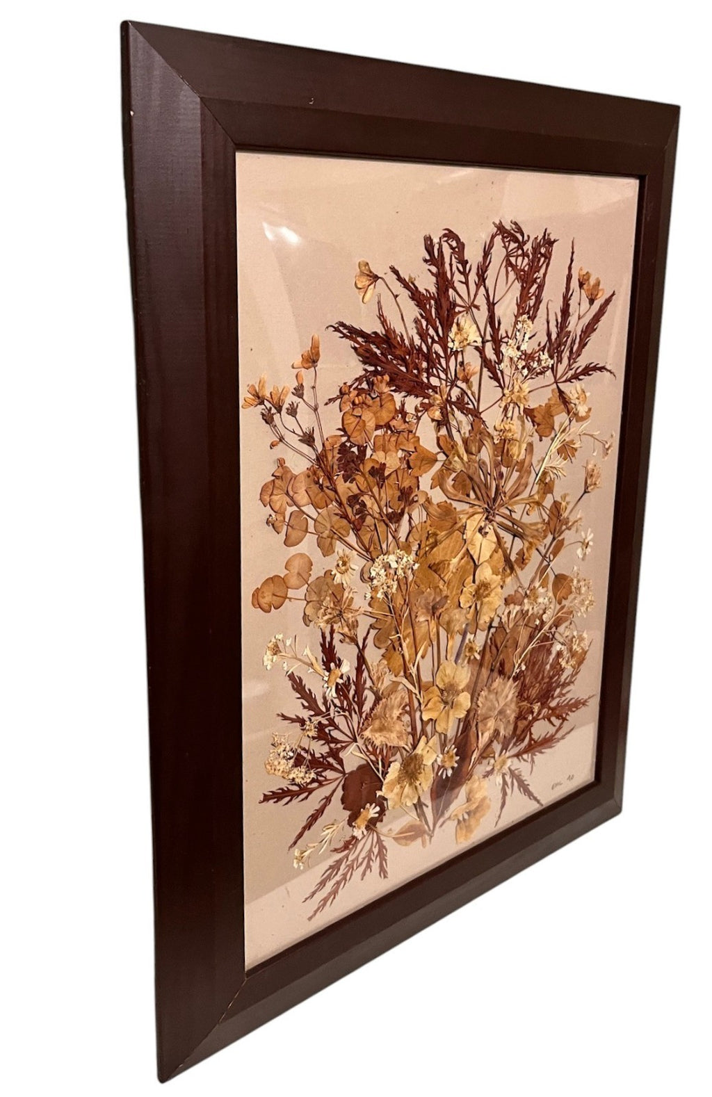 Vintage Pressed Flower Art – Signed EML 1990 – Framed Botanical Wall Art 37x48cm
