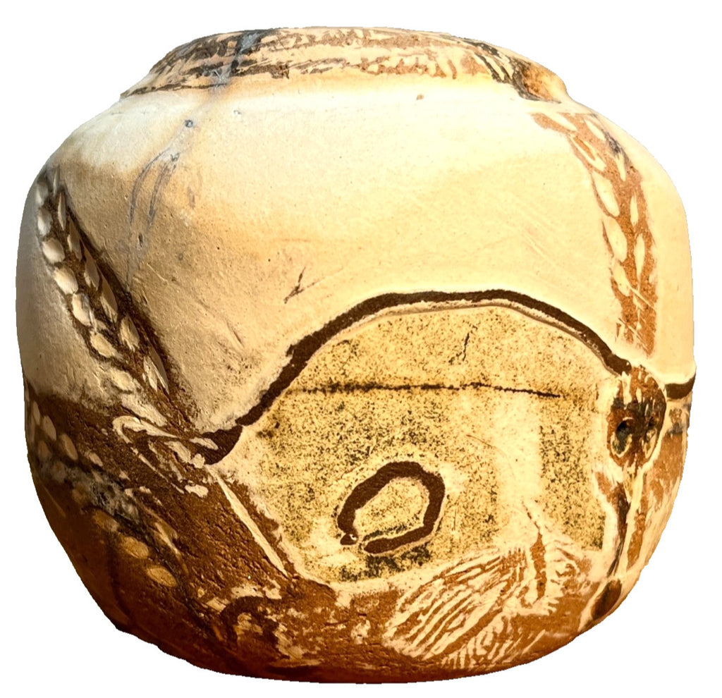 Raku Studio Pottery Cube Sculpture Bird Motif Smoke Fired Art Pot 10cm