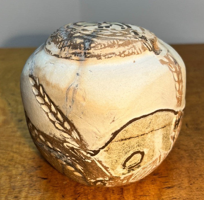 Raku Studio Pottery Cube Sculpture Bird Motif Smoke Fired Art Pot 10cm