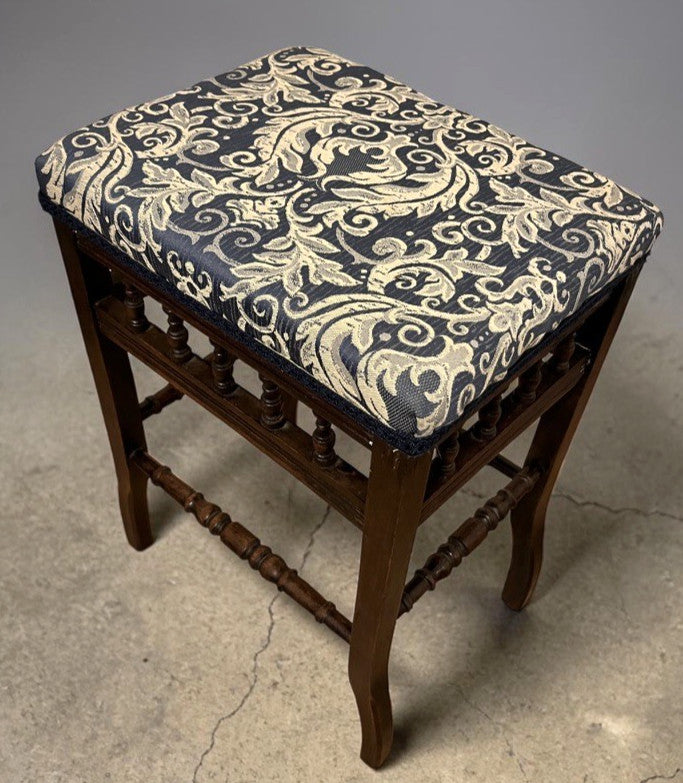 Vintage Upholstered Stool Wooden Frame Turned Legs Spindle Detail 54cm Height