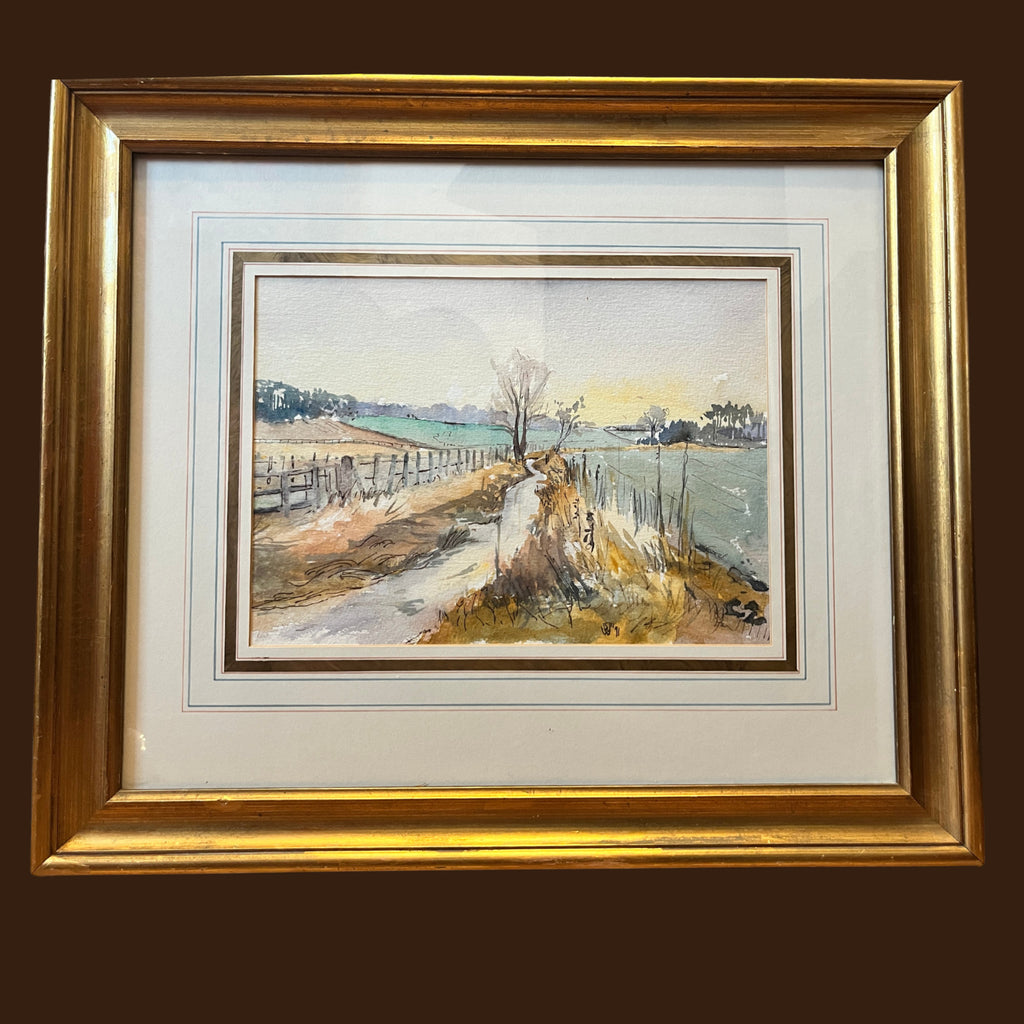Original Watercolour Landscape Painting Framed Rural Country Lane Signed 1991