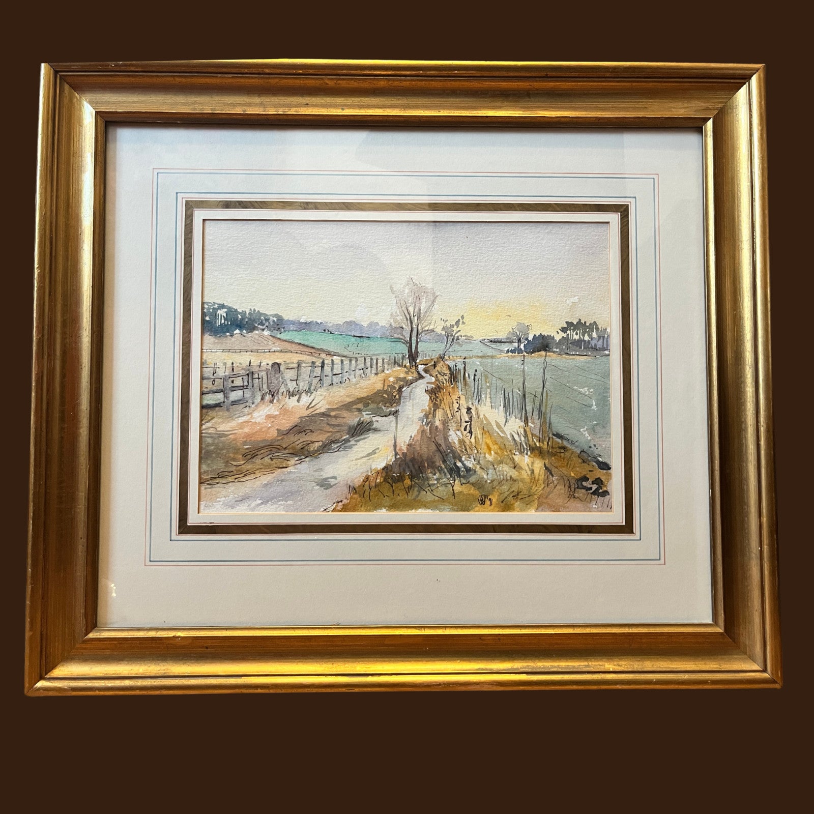 Original Watercolour Landscape Painting Framed Rural Country Lane Signed 1991