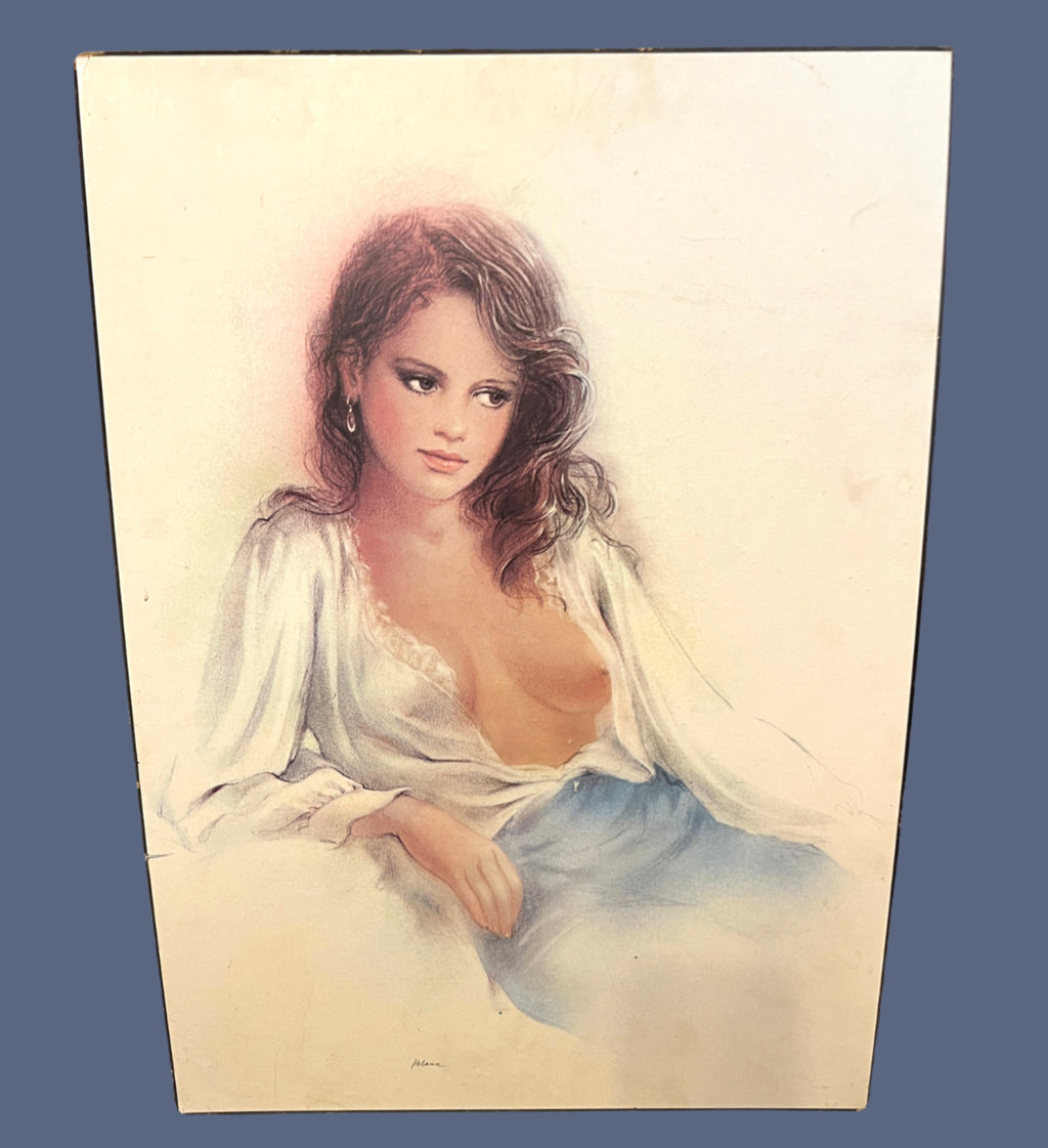 Vintage Nude Female Portrait Print On Board Erotic Wall Art Large 70cm Retro Fig