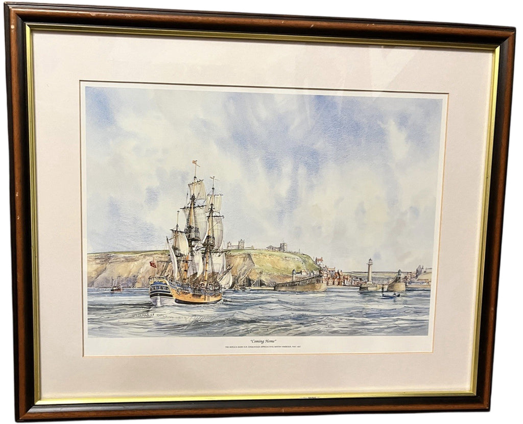 Whitby Endeavour “Coming Home” Maritime Framed Print – Nautical Coastal Wall Art