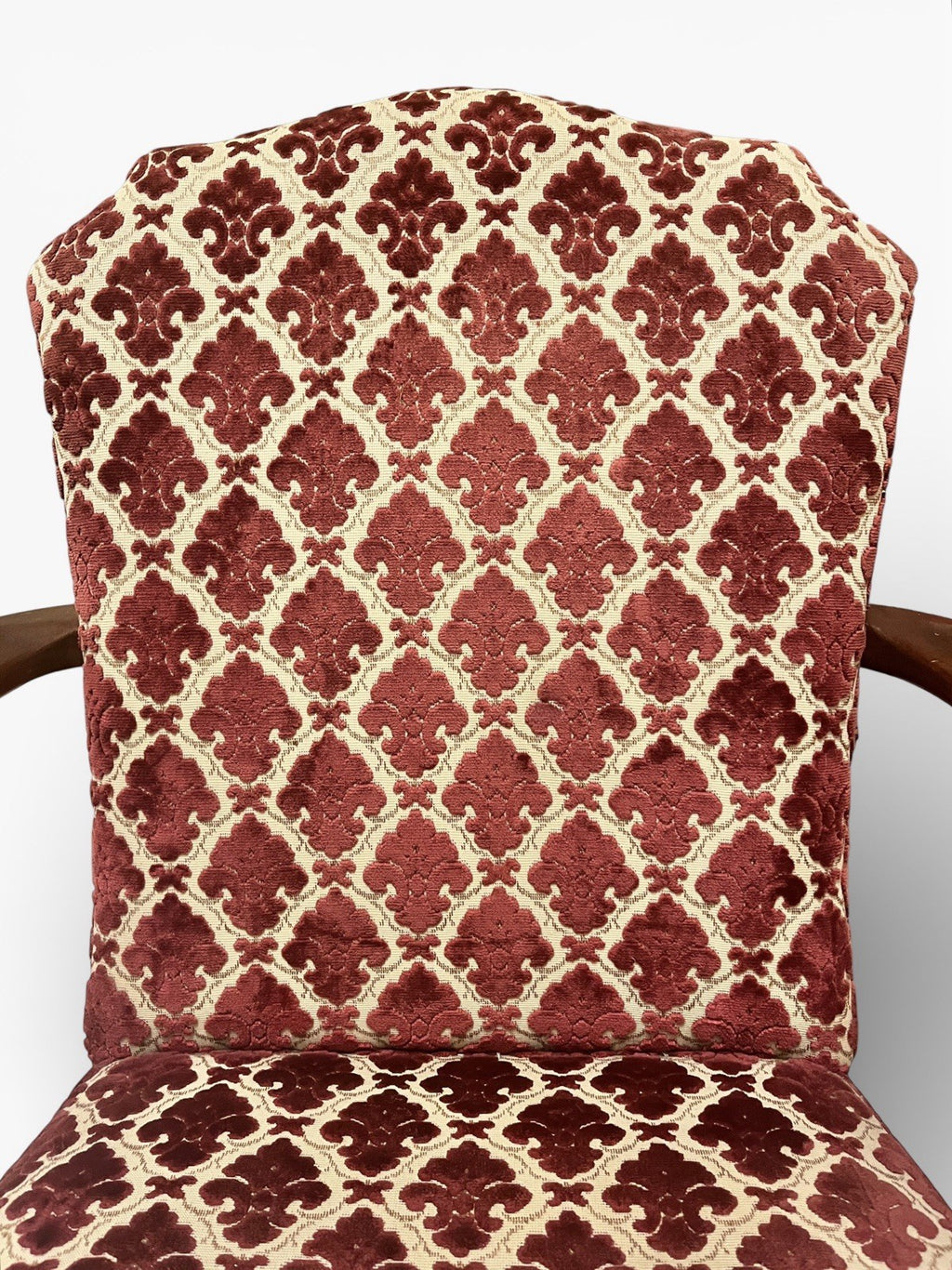 Antique Upholstered Armchair 93cm High 57cm Wide Red Pattern Fabric Wooden Frame