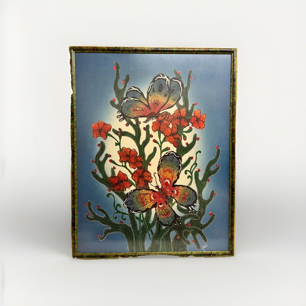 Framed Textile Wall Art Batik Butterflies Flowers 91cm Vintage Fabric Silk Art