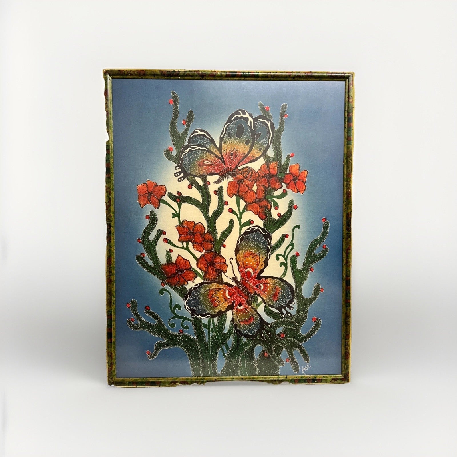 Framed Textile Wall Art Batik Butterflies Flowers 91cm Vintage Fabric Silk Art