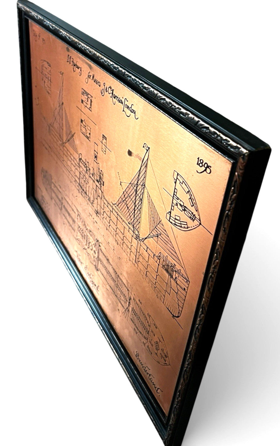 Antique Copper Engraving Ship Plan “S.S. Harbury” Wear Dockyard 1895