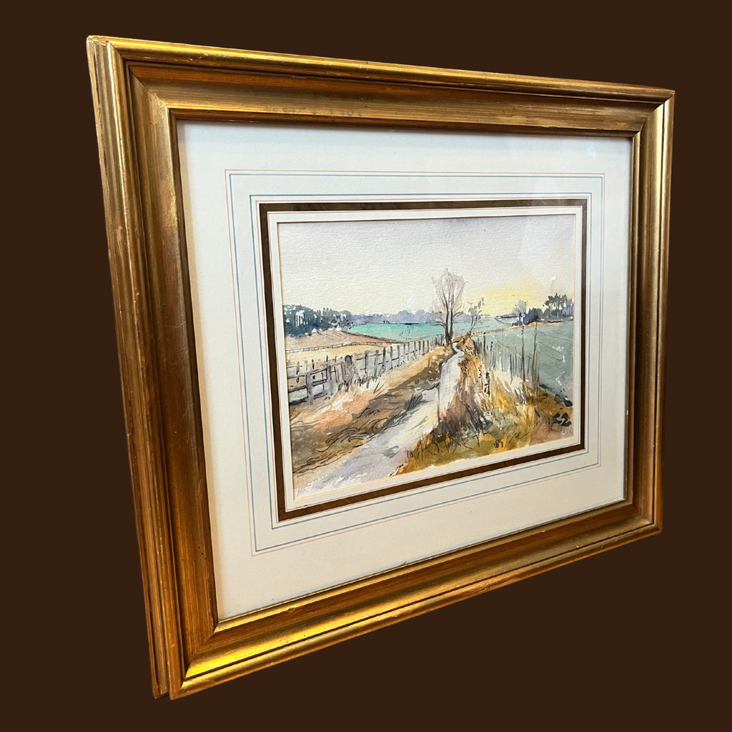 Original Watercolour Landscape Painting Framed Rural Country Lane Signed 1991
