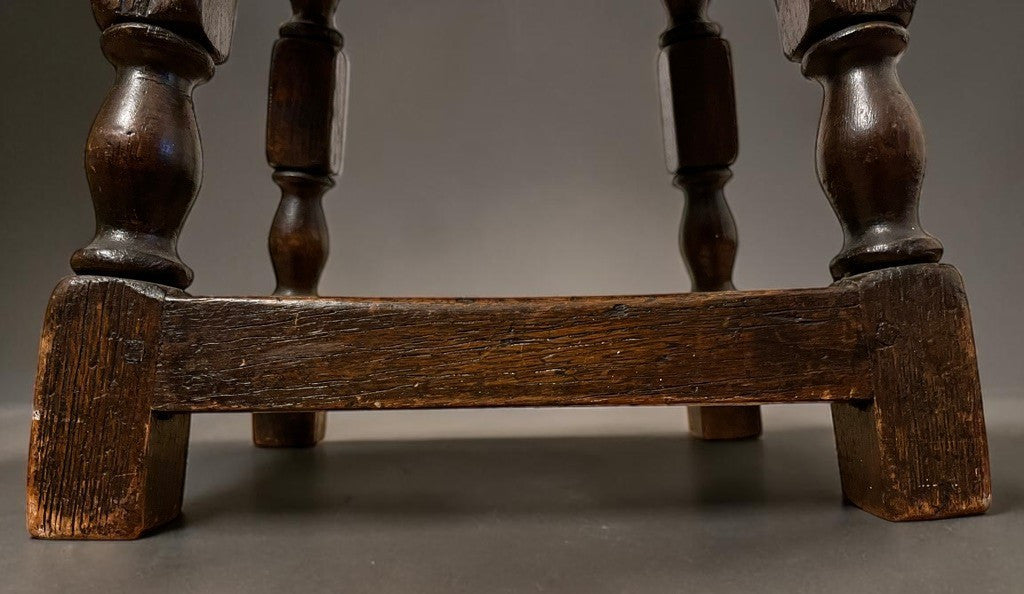 Vintage Oak Stool Rustic Wooden Footstool Turned Legs Aged Patina