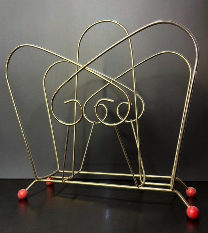 Atomic Wire Magazine Rack Mid Century Metal Record Holder with Red Ball Feet