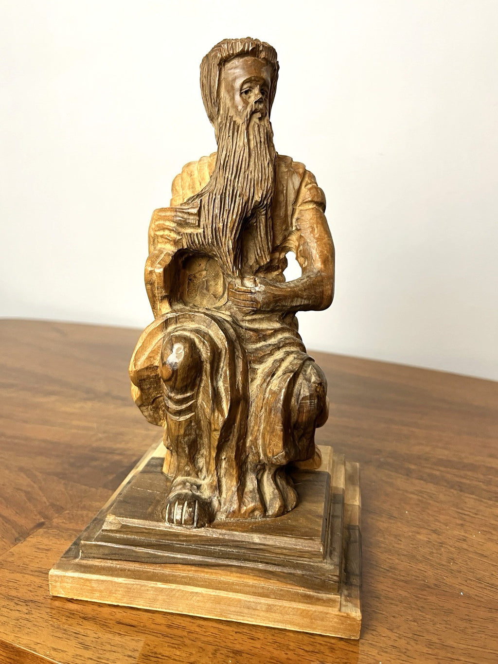 Vintage Olive Wood Moses Sculpture Figure – Hand Carved Religious Statue
