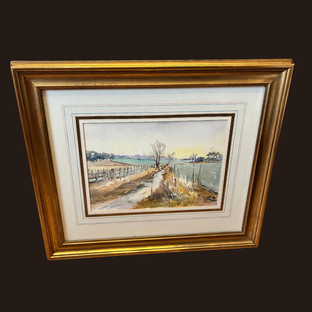 Original Watercolour Landscape Painting Framed Rural Country Lane Signed 1991