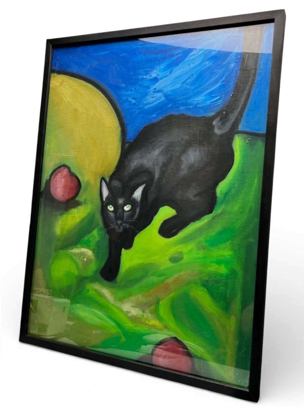 Original Black Cat Acrylic Painting Framed 62x48cm Vintage Art VGC