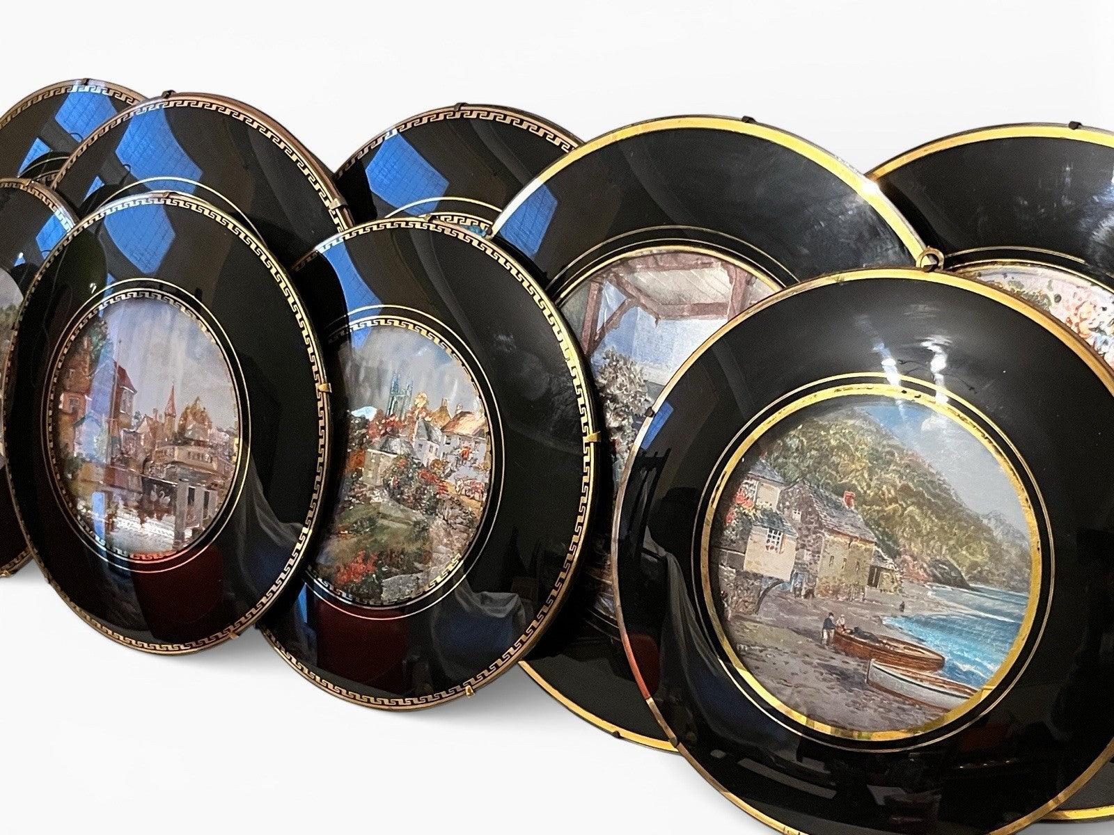 Vintage Set of 9 Wall Plaques Black Gold Nature & Coastal Village Scenes Round