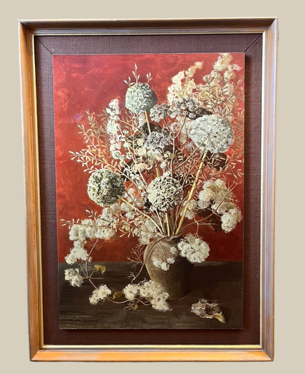 Vintage Marjorie Drawbell Leek Heads Framed Print on Board Mid Century Floral
